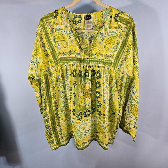 Bila Tops - Bila Tunic Women's Size L Green Floral Paisley Bohemian Peasant Style (P-2)